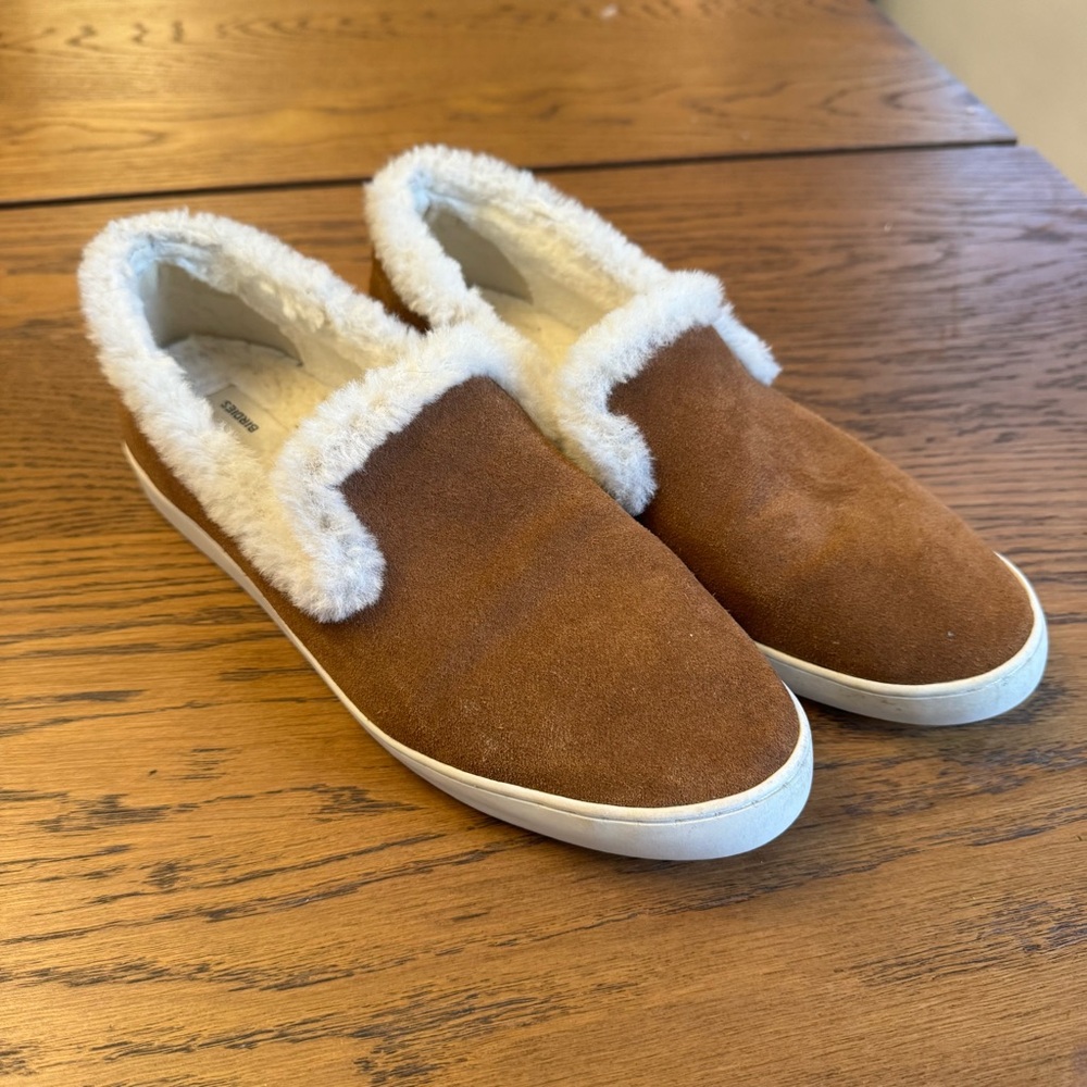 Birdies Tan Suede Loafers  Slippers with Cream Fur warm‎ Suede Flats Women’s 9
